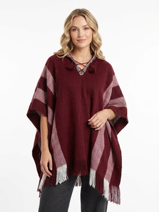 Gamboa Sweaters - Gamboa Alpaca Wool Hooded Poncho Striped Fringe Made in Peru Burgundy OS